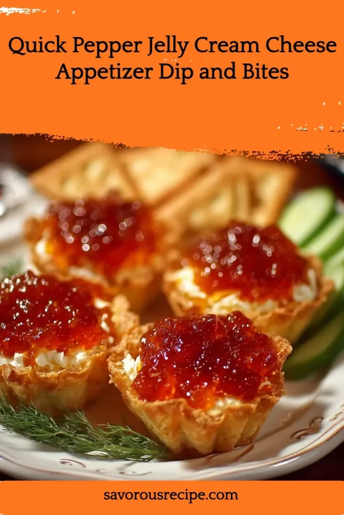 Quick pepper jelly cream cheese dip appetizer served on a platter with crackers.