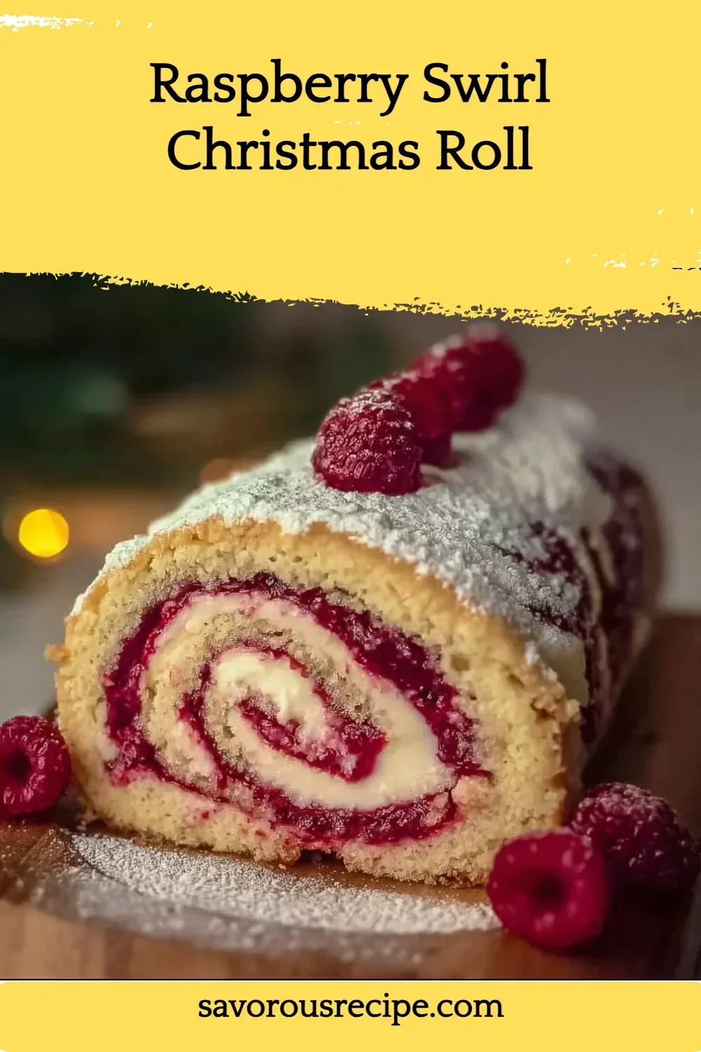 Raspberry Swirl Christmas Roll dessert decorated for the holidays