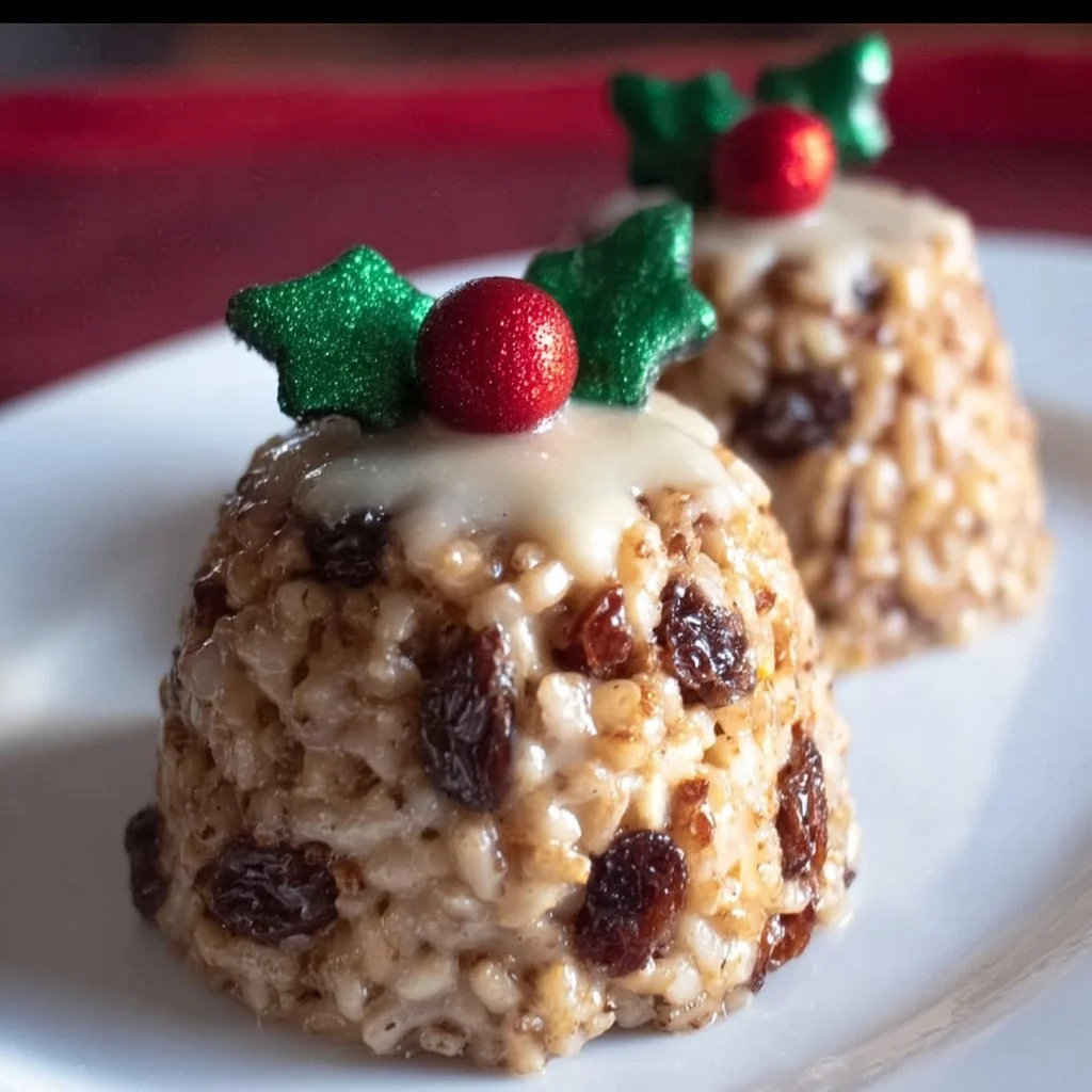 Delicious Rice Krispie Christmas puddings decorated for the festive season.