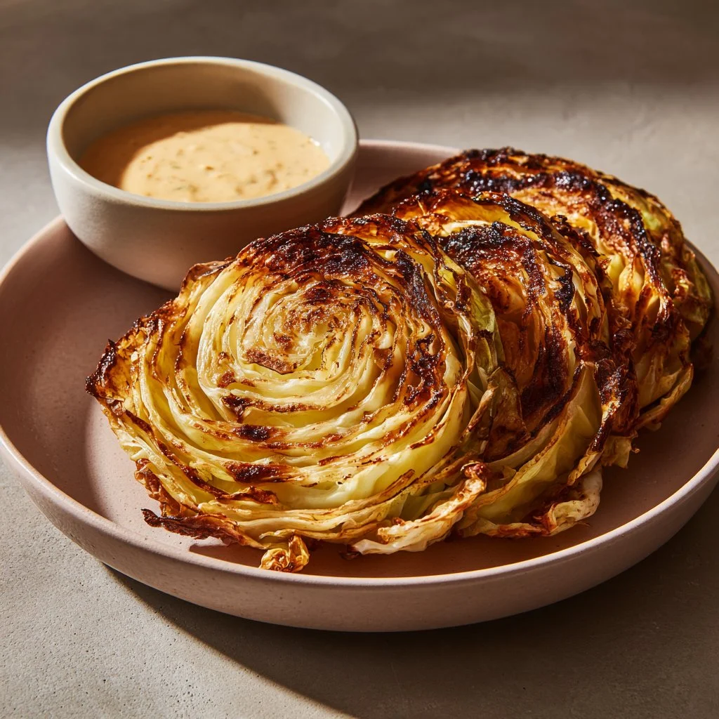 Roasted cabbage steaks served on a plate with seasoning and herbs