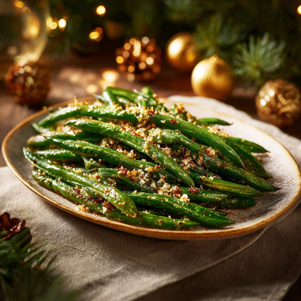 Bowl of roasted Parmesan green beans garnished on a wooden table