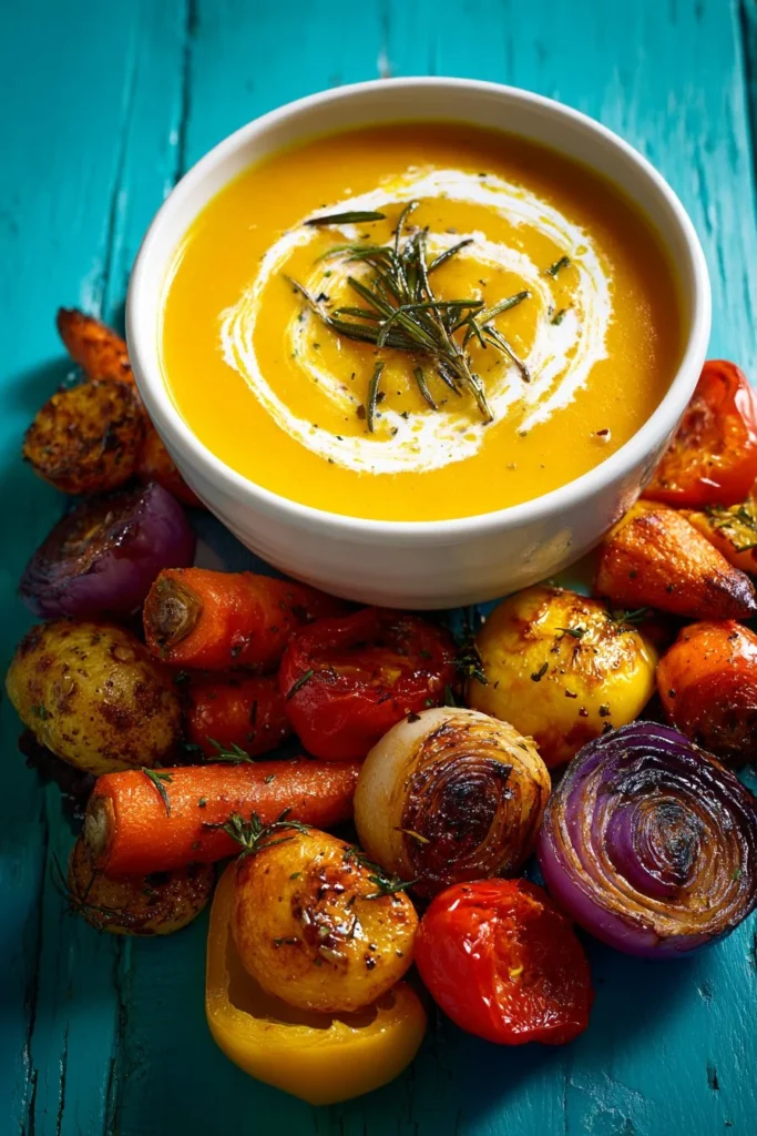A bowl of warm roasted vegetable soup garnished with fresh herbs.