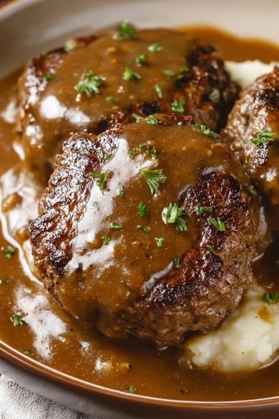 Plate of homemade Salisbury steak served with rich brown gravy and mashed potatoes