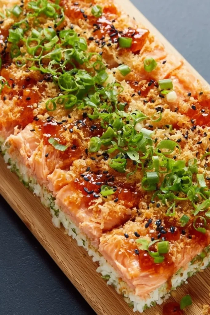 Baked Salmon Sushi Dish with Creamy Toppings and Seaweed