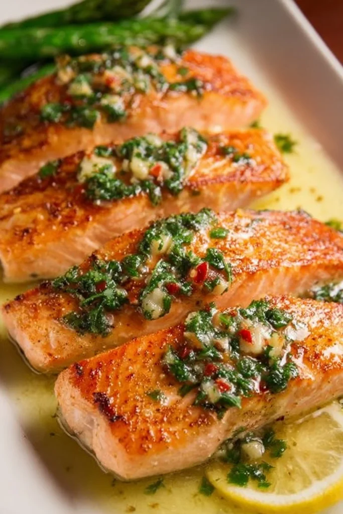 Plate of salmon with garlic lemon butter sauce garnished with herbs
