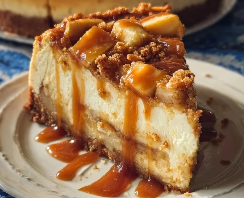 Slice of salted caramel apple pie cheesecake garnished with caramel sauce
