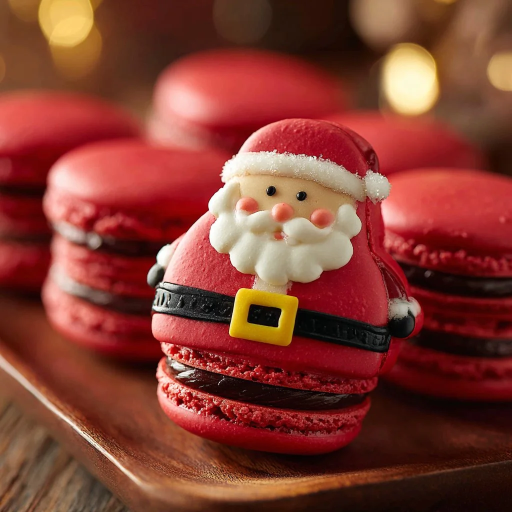 Festive Santa Claus Macarons decorated with red and white icing.
