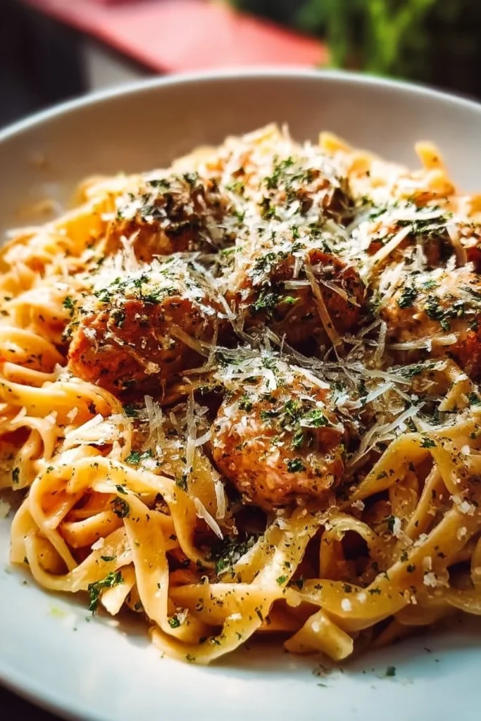 Savory chicken pasta with garlic and Parmesan served in a bowl