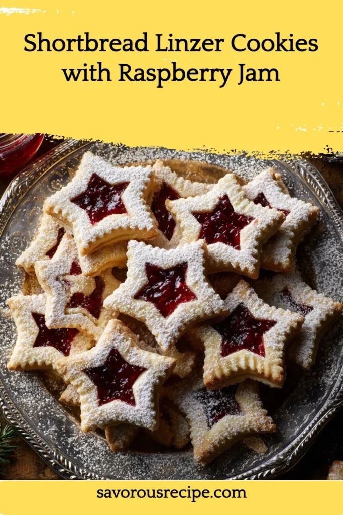 Shortbread Linzer cookies with raspberry jam filling on a decorative plate