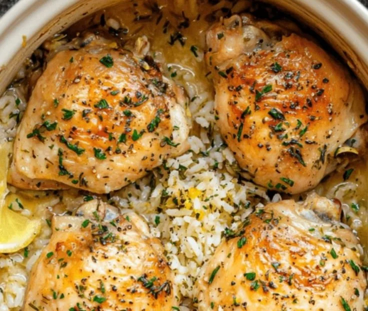 Delicious slow cooker lemon herb chicken served with rice