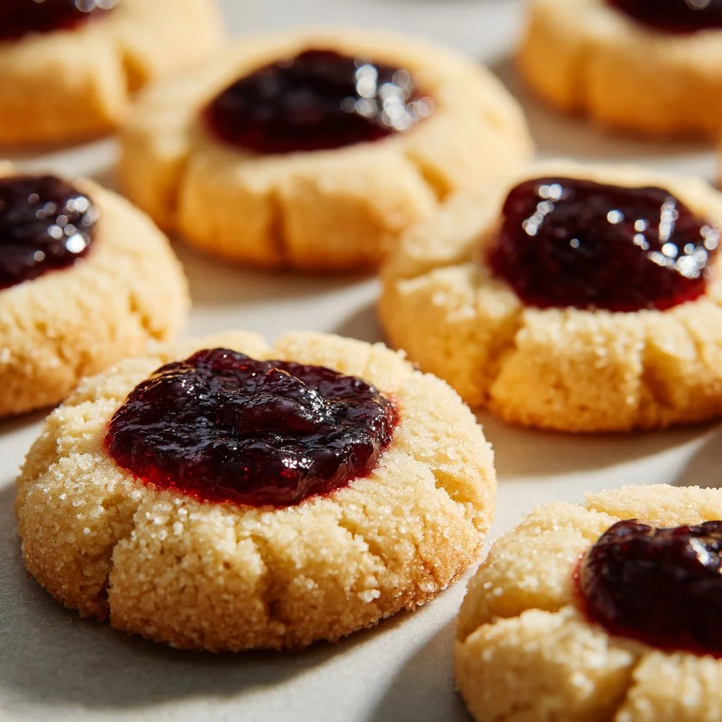 Soft Christmas Thumbprint Cookies filled with colorful jam