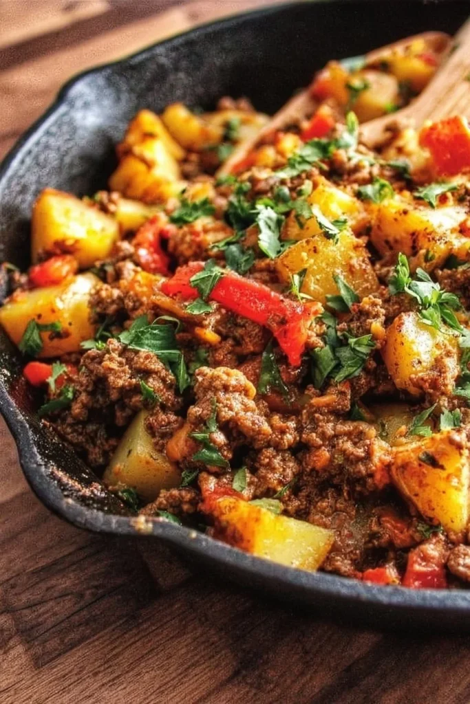 Southwest ground beef and potato skillet served in a pan.