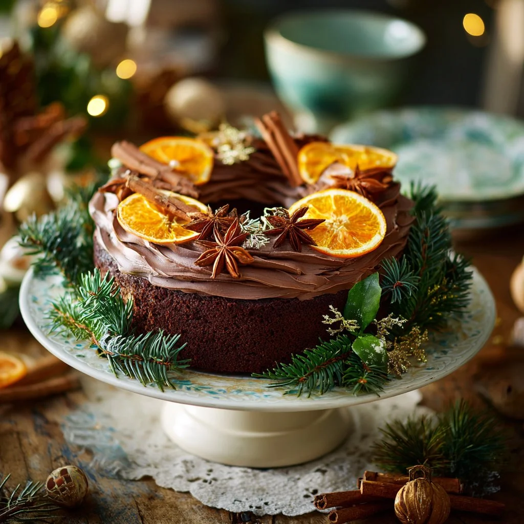 Spiced Gingerbread Wreath Cake decorated with festive icing and spices.
