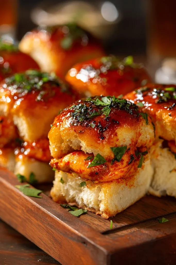 Delicious Spicy Buffalo Chicken Sliders served with ranch dressing