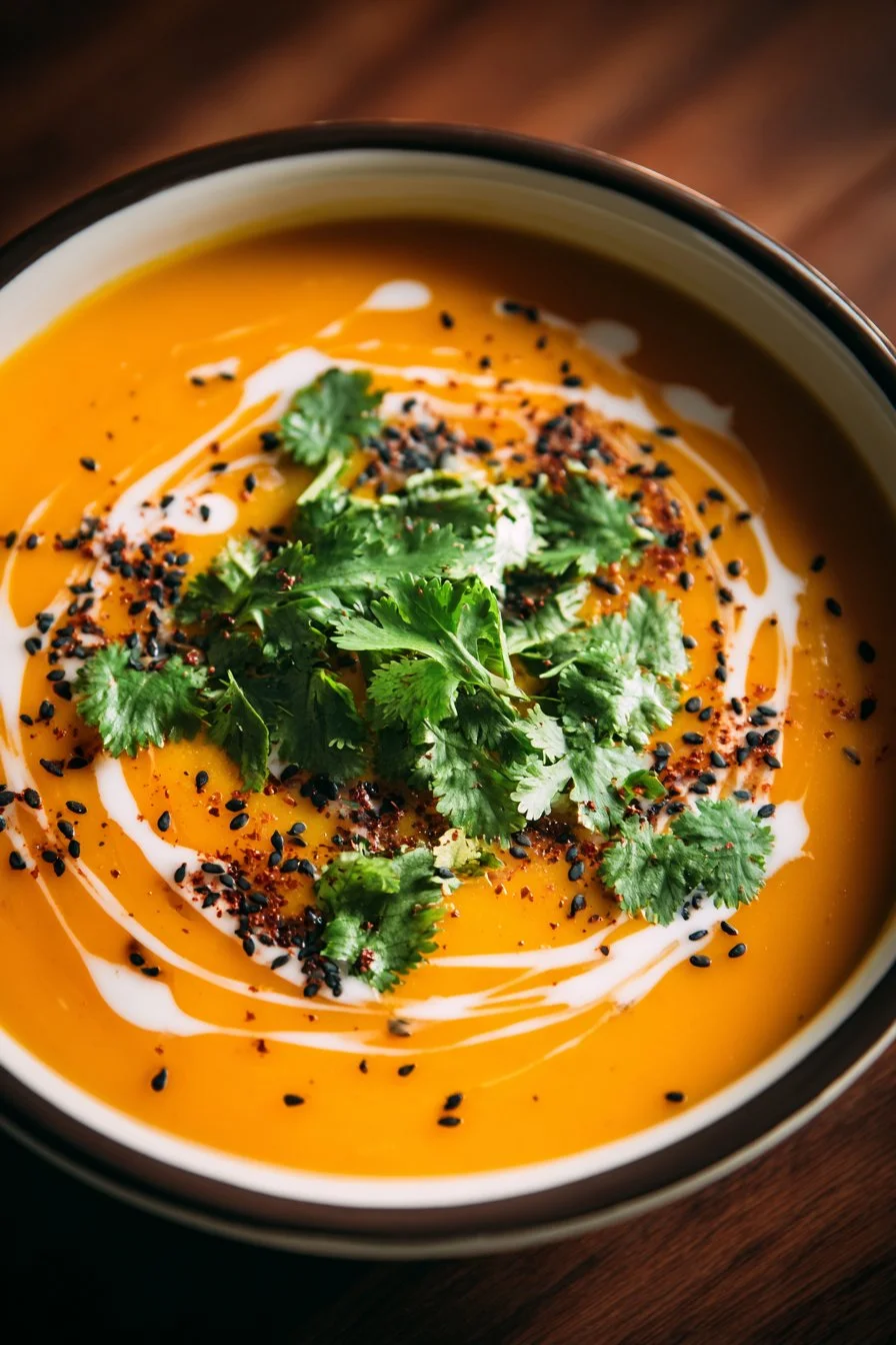 Bowl of spicy carrot and red lentil soup, garnished with fresh herbs