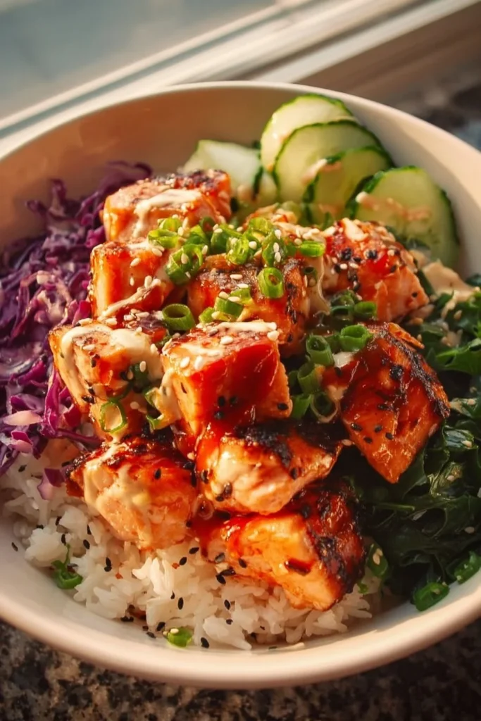A colorful Spicy Salmon Bowl topped with vegetables and spicy sauce.
