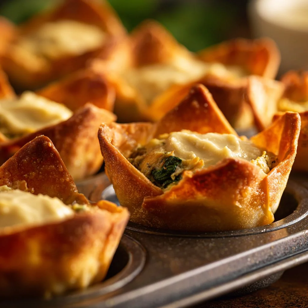 Spinach and Artichoke Wonton Cups served on a platter