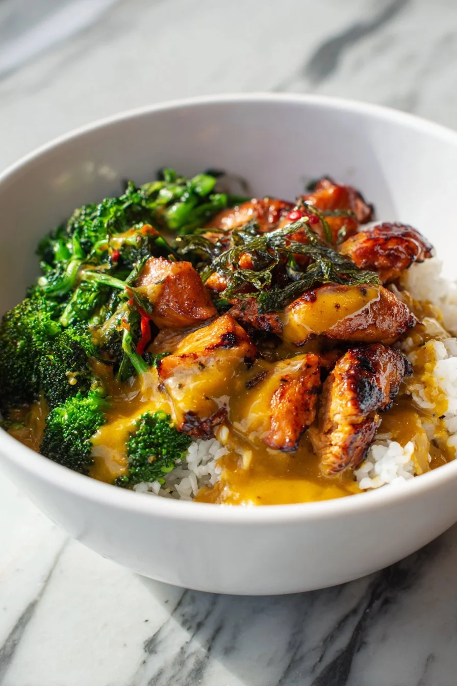 Delicious Sticky Chicken Rice Bowls topped with fresh vegetables