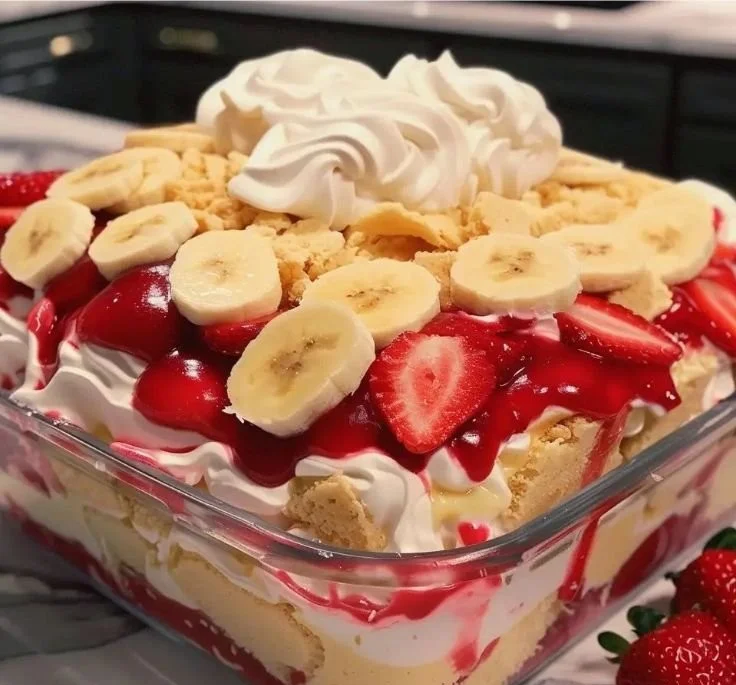 Delicious strawberry banana pudding served in a bowl with fresh strawberries and bananas