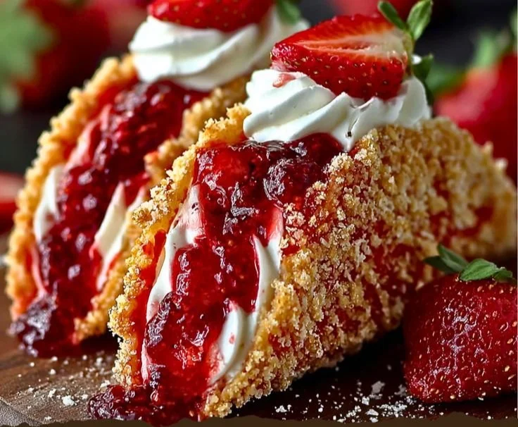 Strawberry Crunch Cheesecake Tacos served on a plate