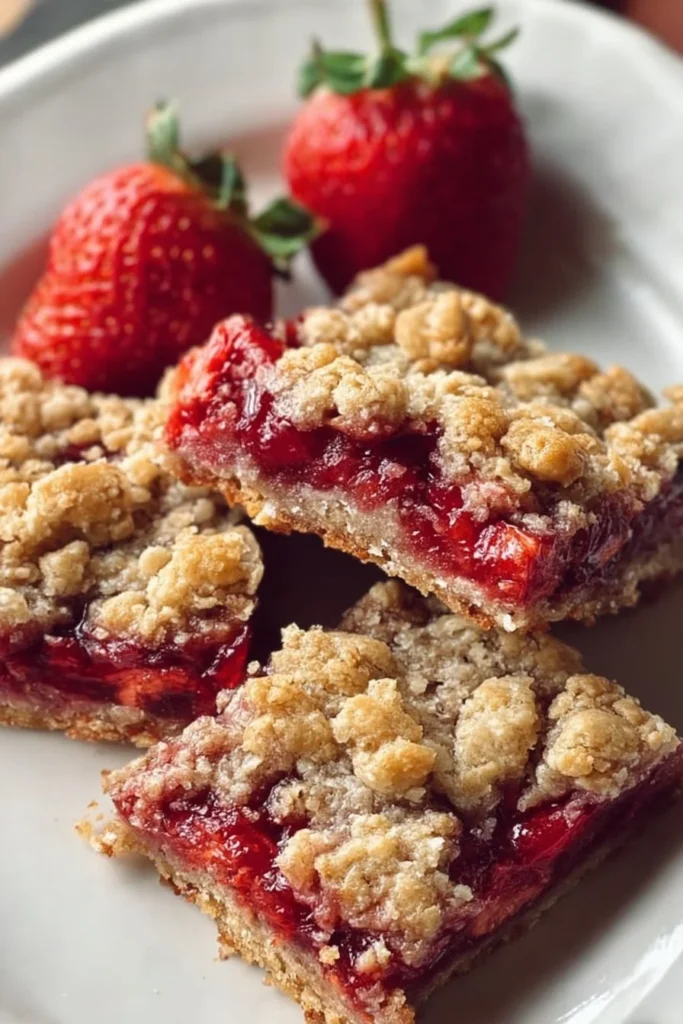 Delicious homemade strawberry oatmeal bars on a wooden surface
