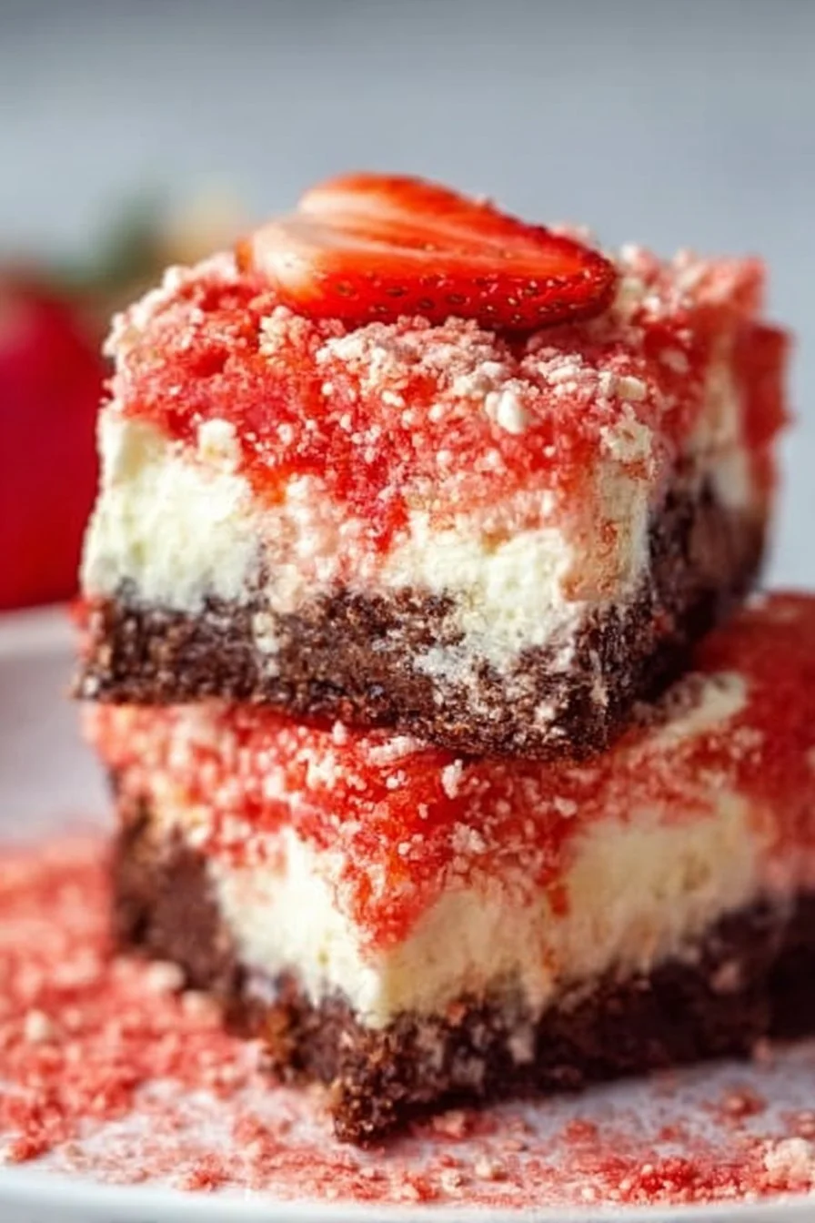 Delicious strawberry shortcake brownies topped with fresh strawberries and whipped cream