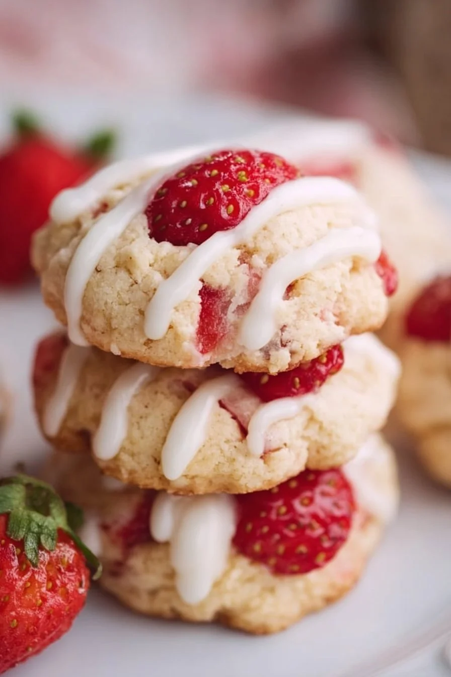 Delicious strawberry shortcake cookies topped with fresh strawberries and cream.