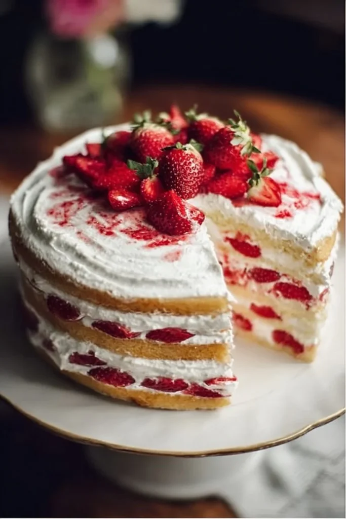 Strawberry Shortcake Layer Cake with fresh strawberries and whipped cream topping