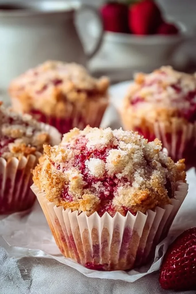 Freshly baked Strawberry Shortcake Muffins with strawberries and cream