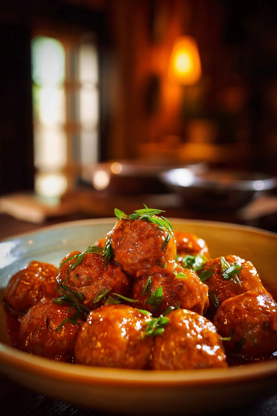 Delicious sweet chili meatballs served on a platter, garnished with herbs.