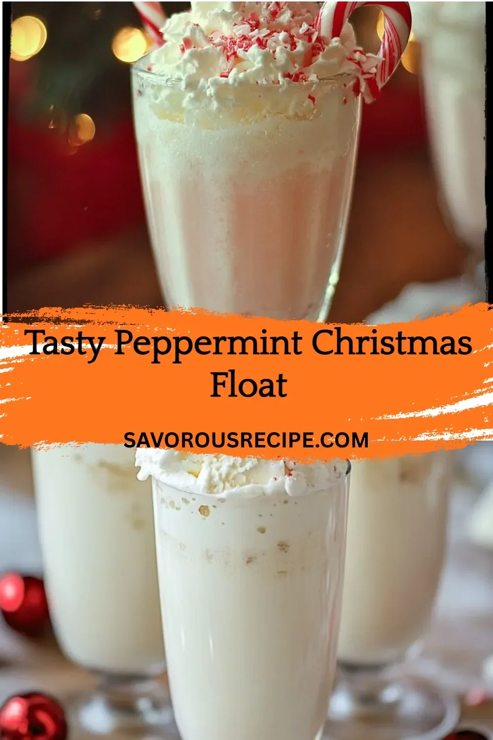 Delicious peppermint float drink topped with whipped cream and candy canes.