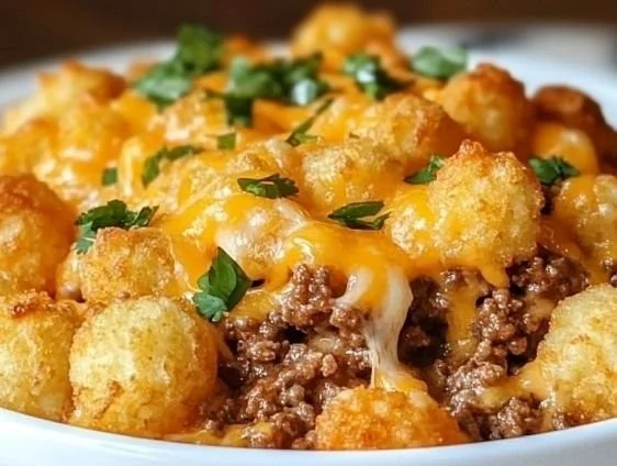 A delicious serving of Tater Tot Casserole topped with melted cheese and crispy tots.