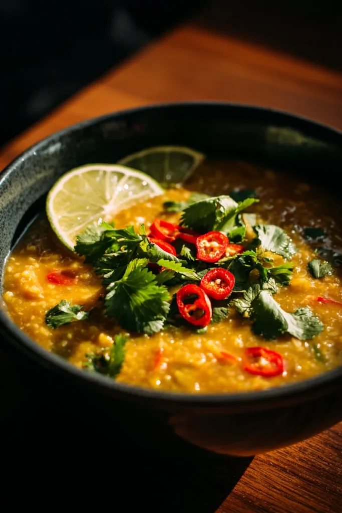 Bowl of Thai Coconut Red Lentil Soup topped with fresh herbs and spices