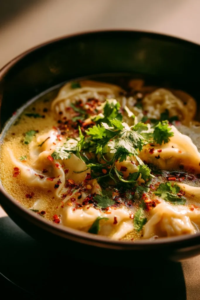 Delicious bowl of Thai Potsticker Coconut Soup garnished with herbs and veggies
