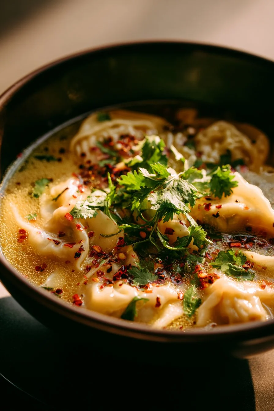 Delicious bowl of Thai Potsticker Coconut Soup garnished with herbs and veggies