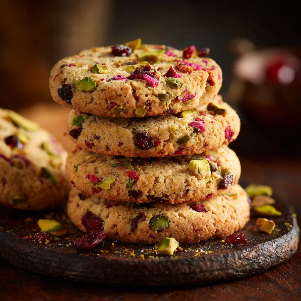 Plate of cranberry pistachio shortbread cookies with festive decorations