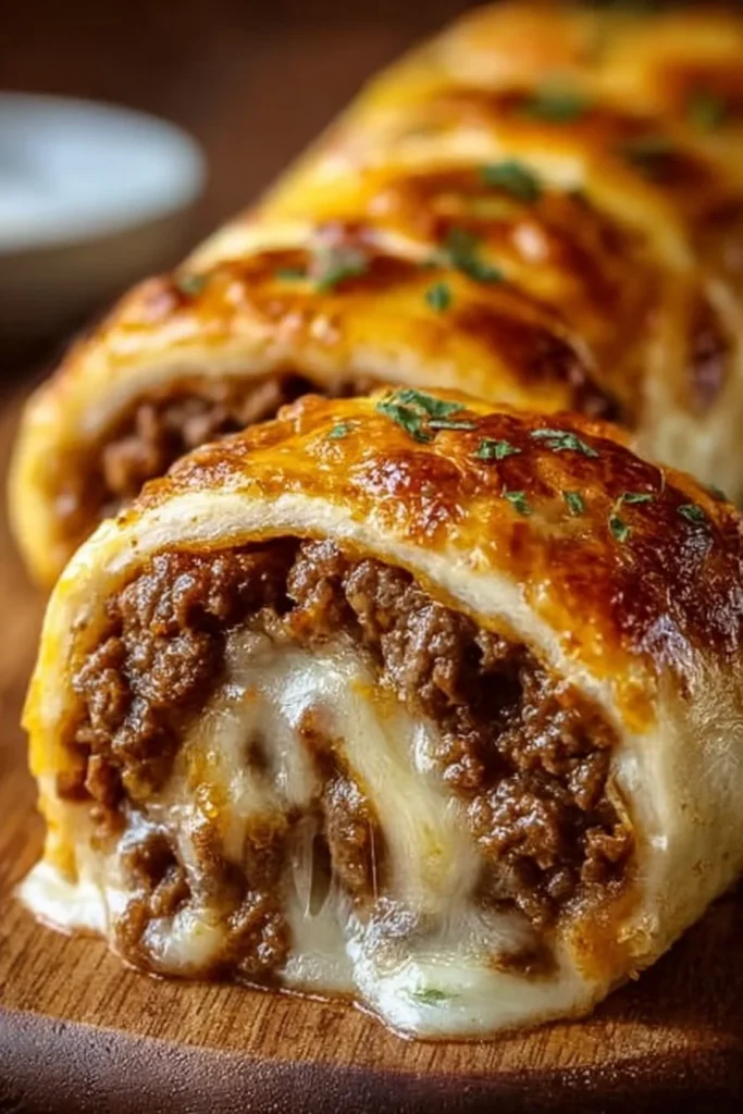 Ultimate cheesy ground beef roll with melted cheese and flavorful beef filling.