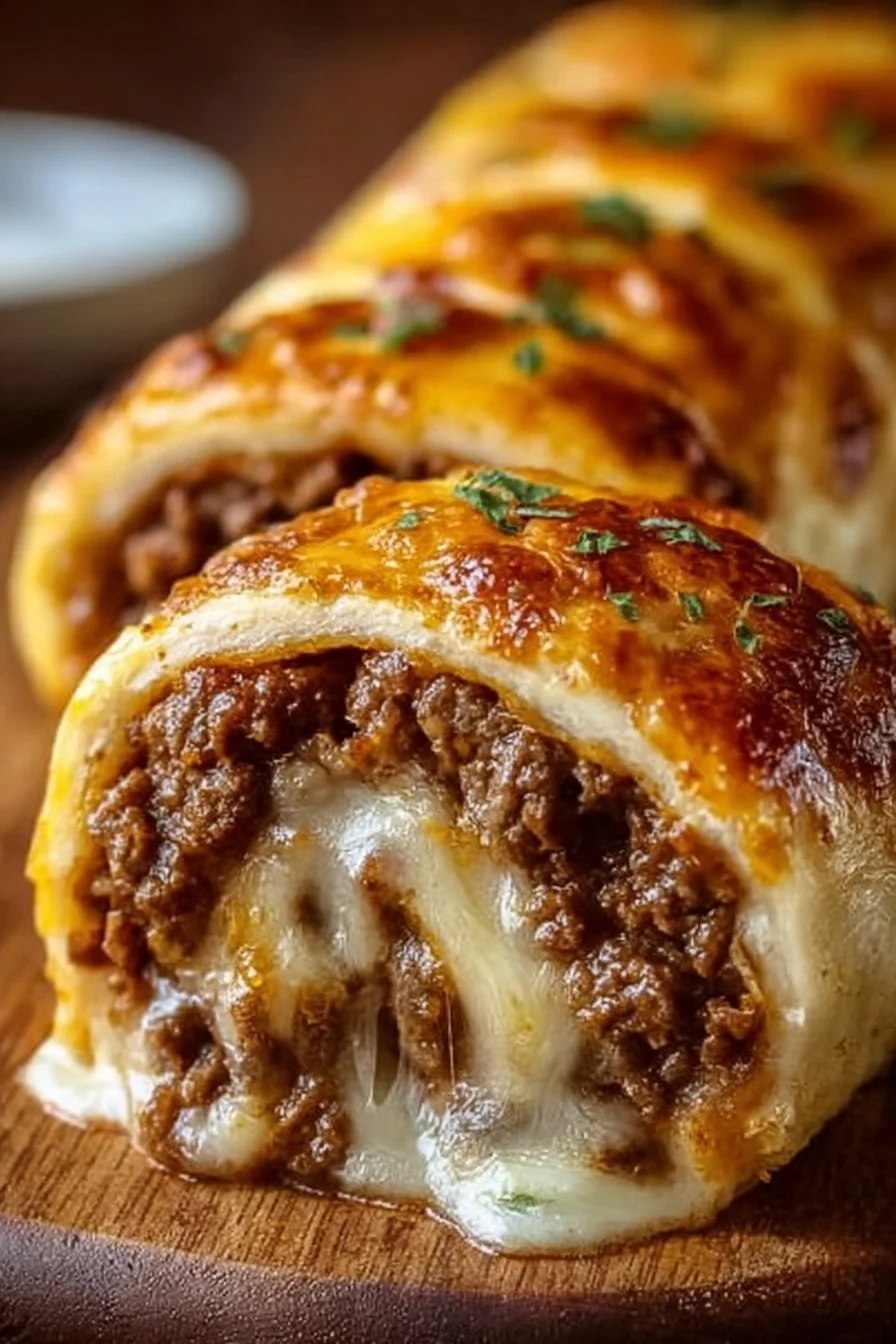 Ultimate cheesy ground beef roll with melted cheese and flavorful beef filling.
