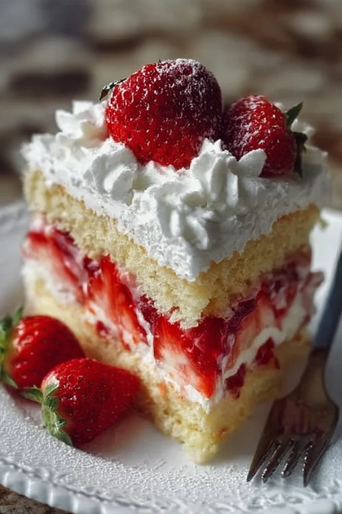 Layered strawberry shortcake cake decorated with fresh strawberries and whipped cream
