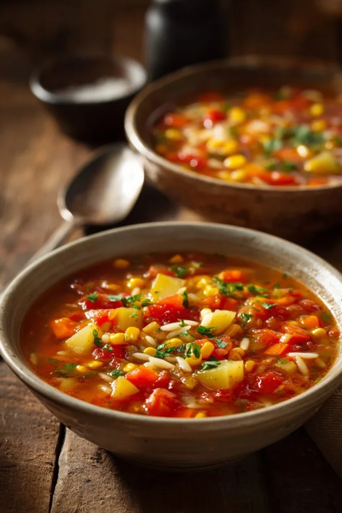 Bowl of delicious Vegetable Orzo Soup filled with vibrant vegetables and orzo pasta