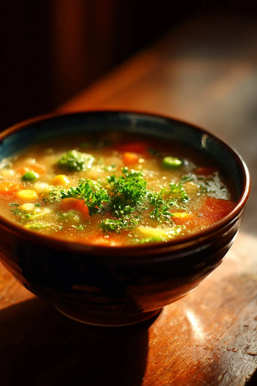 Delicious Veggie Pot Pie Soup served in a bowl with fresh vegetables.