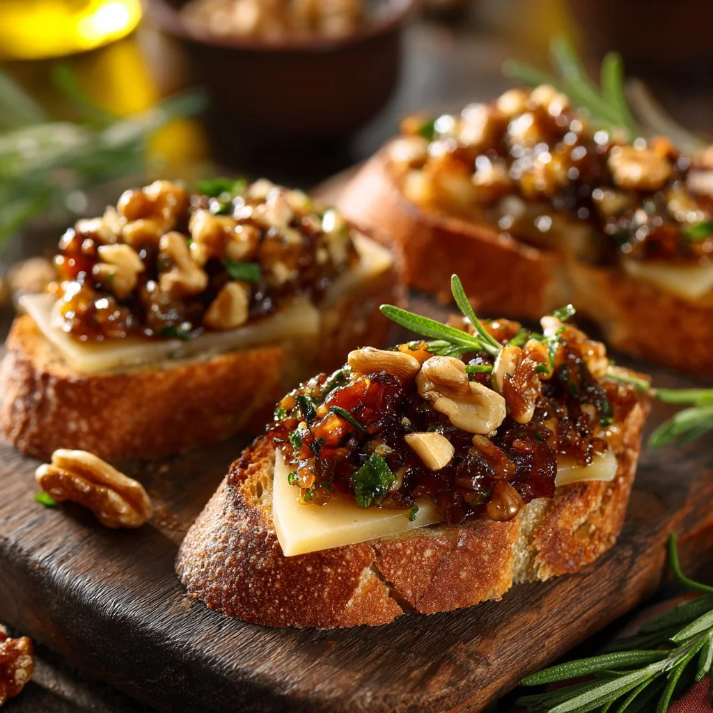 Delicious Whipped Feta Crostini topped with Hot Honey, served on a platter.