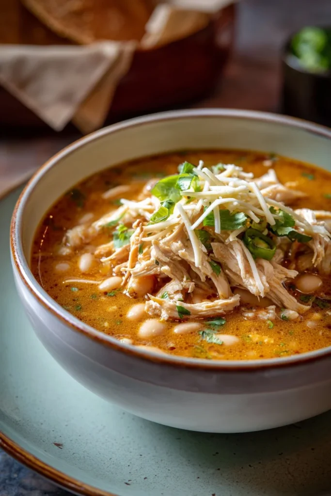 A bowl of hearty white chicken chili topped with cilantro and served with bread.