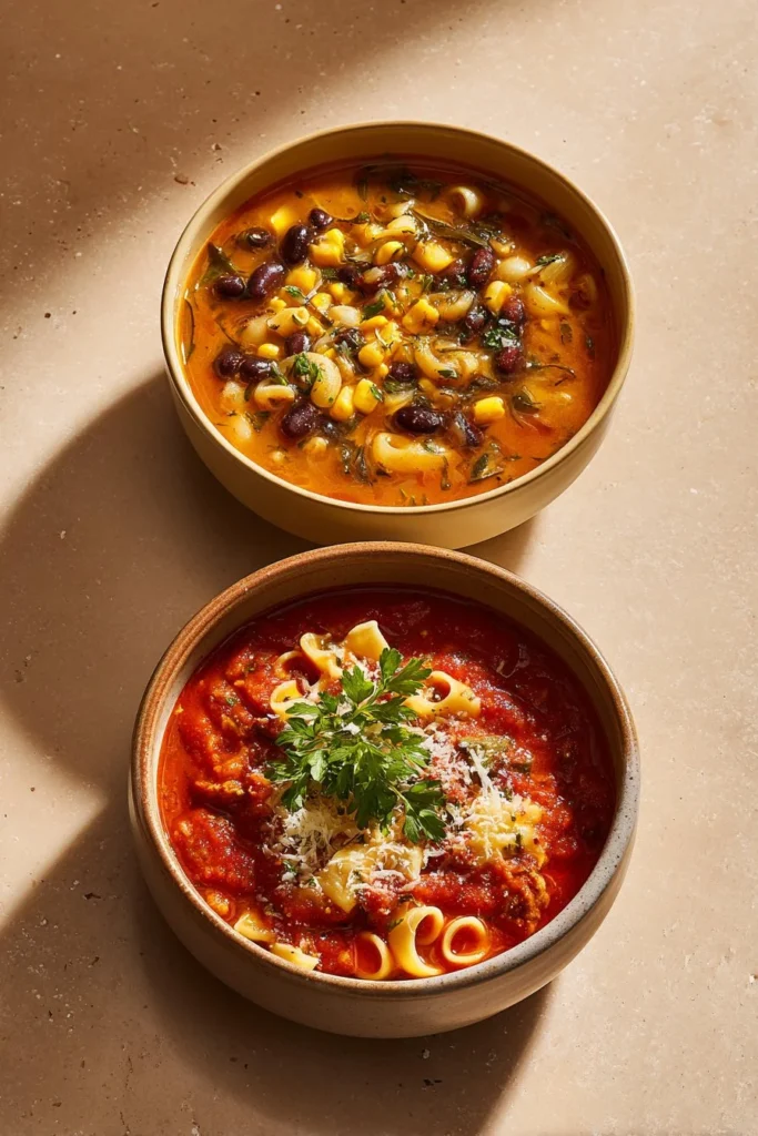 A variety of warming winter soup bowls on a wooden table.