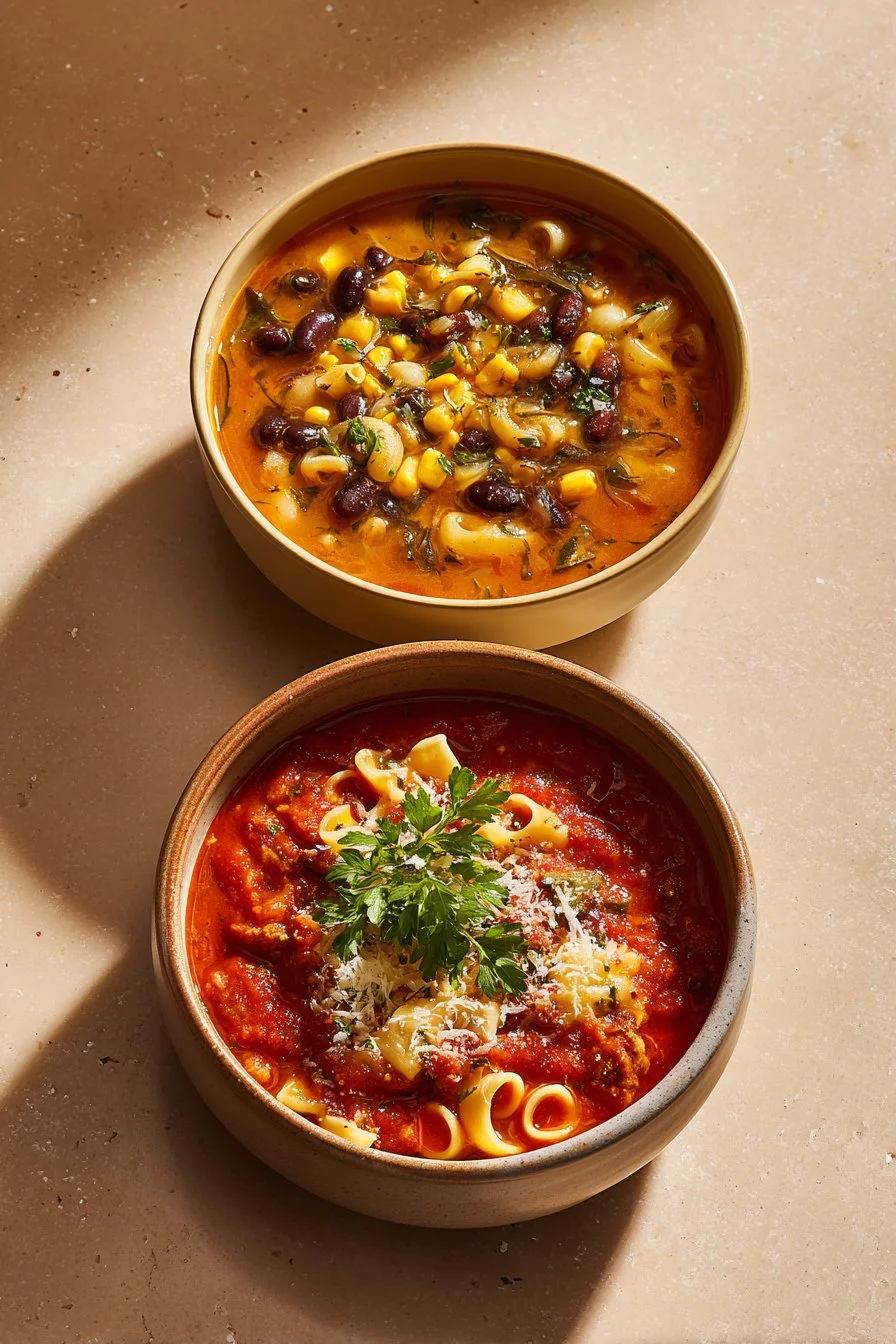 A variety of warming winter soup bowls on a wooden table.