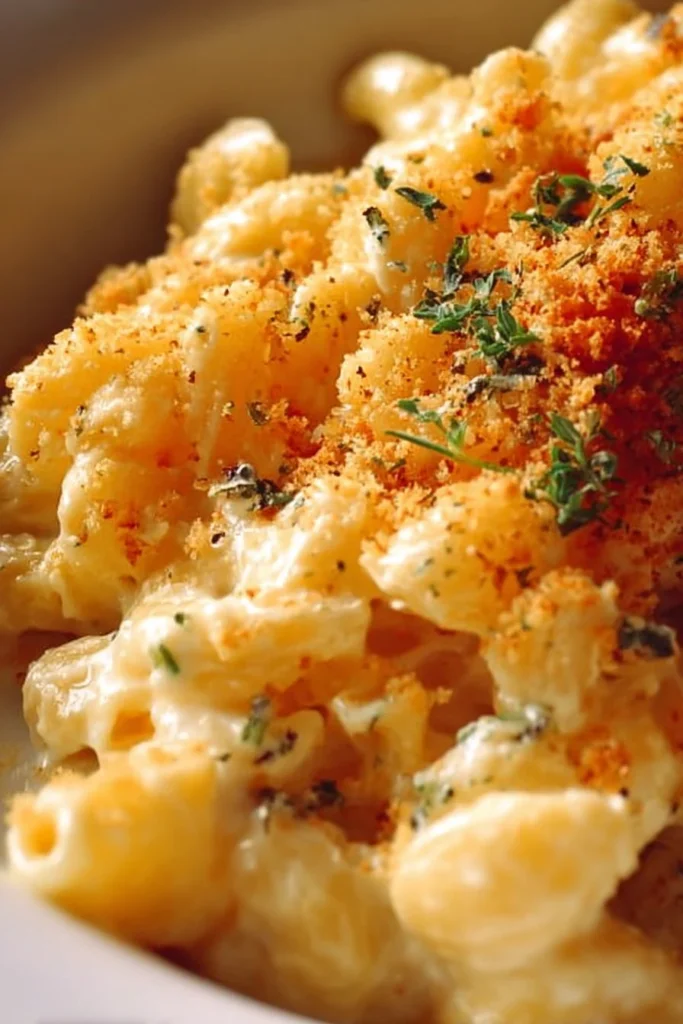 Creamy Boursin Mac and Cheese in a bowl with toppings.