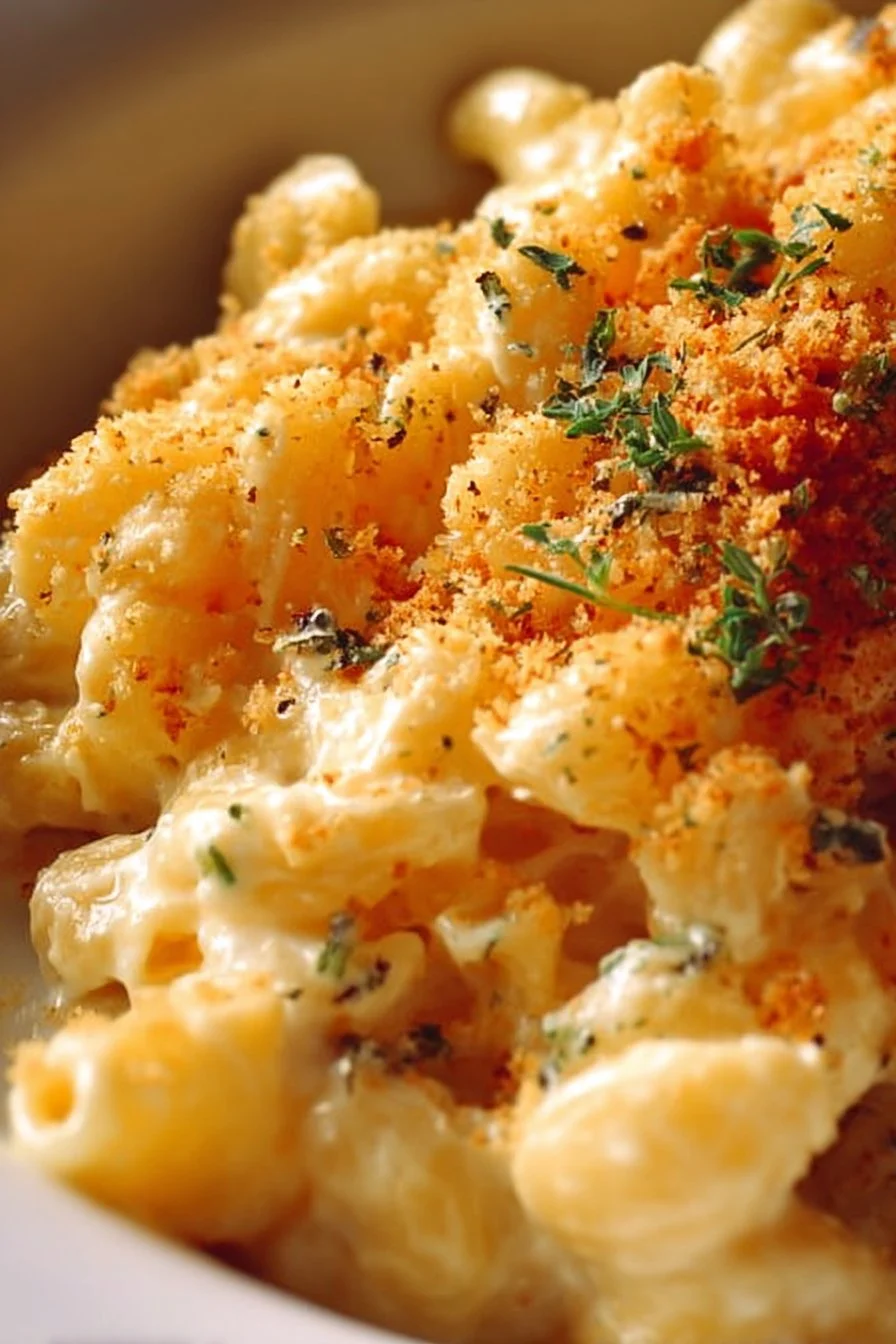 Creamy Boursin Mac and Cheese in a bowl with toppings.