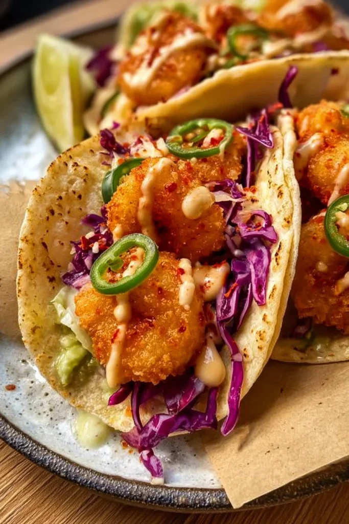 Delicious Air Fryer Bang Bang Shrimp Tacos garnished with fresh cilantro and lime