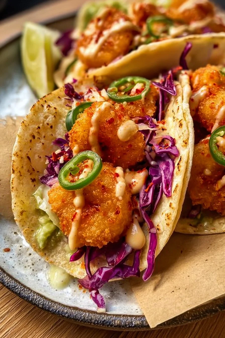 Delicious Air Fryer Bang Bang Shrimp Tacos garnished with fresh cilantro and lime