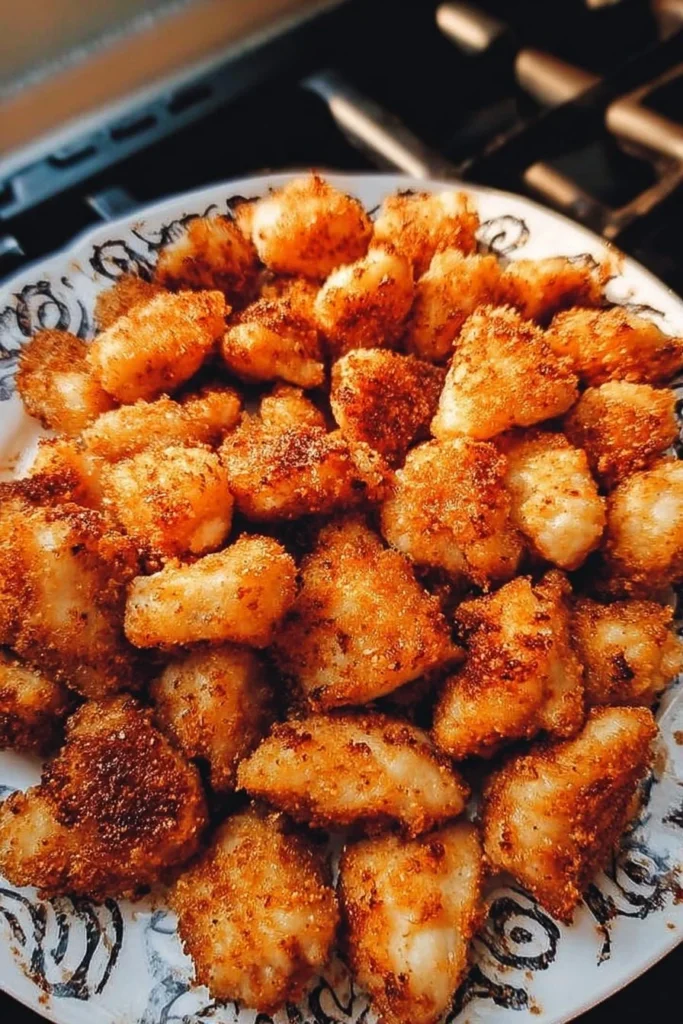 Crispy air fryer boneless chicken bites served on a plate